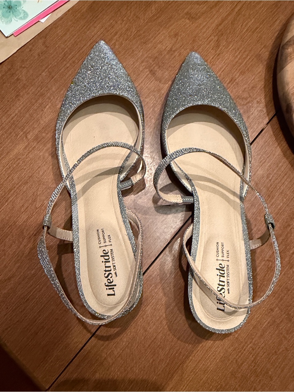Life Stride Silver Glitter Pointed-Toe Slingback Flats with Ankle Strap